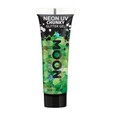 Green - Neon UV Glow Blacklight Chunky Face & Body Glitter Gel, 12mL. Cosmetically certified, FDA & Health Canada compliant, cruelty free and vegan.